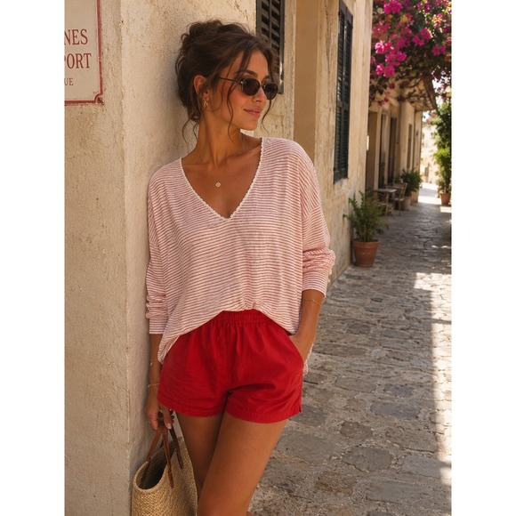 Sundance Tops - Sundance Mariner V Neck Top Sz XL Red White Stripe 100% Linen Coastal Euro Luxe